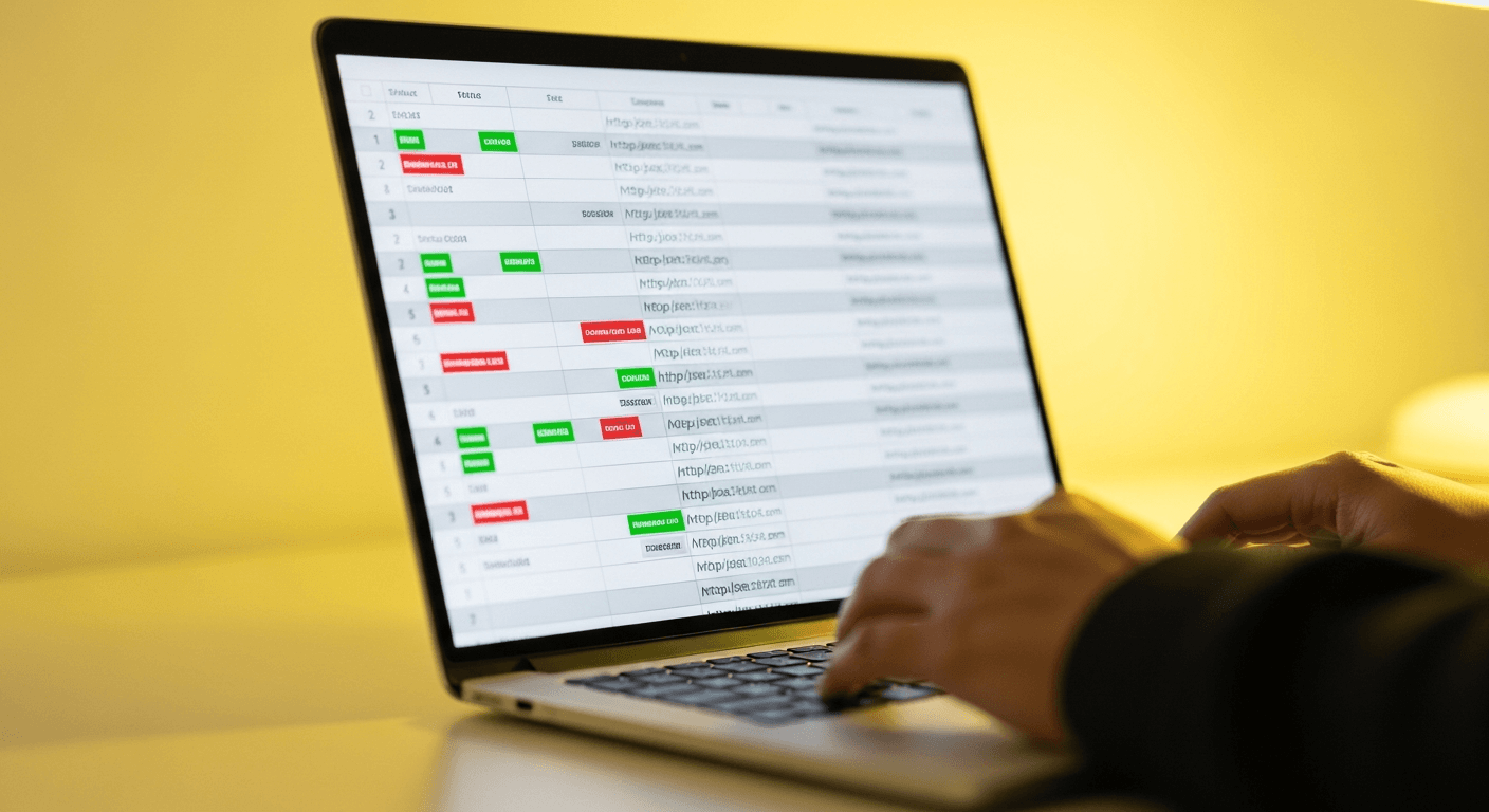 Interface de crawl SEO sur écran d'ordinateur portable avec données techniques visibles